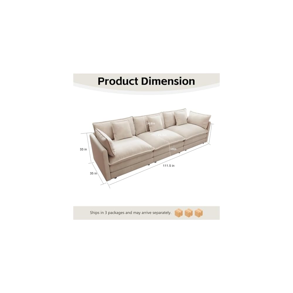 111.5" Khaki Chenille 3 Seater Sofa, Modern Deep Seat Cloud Couch