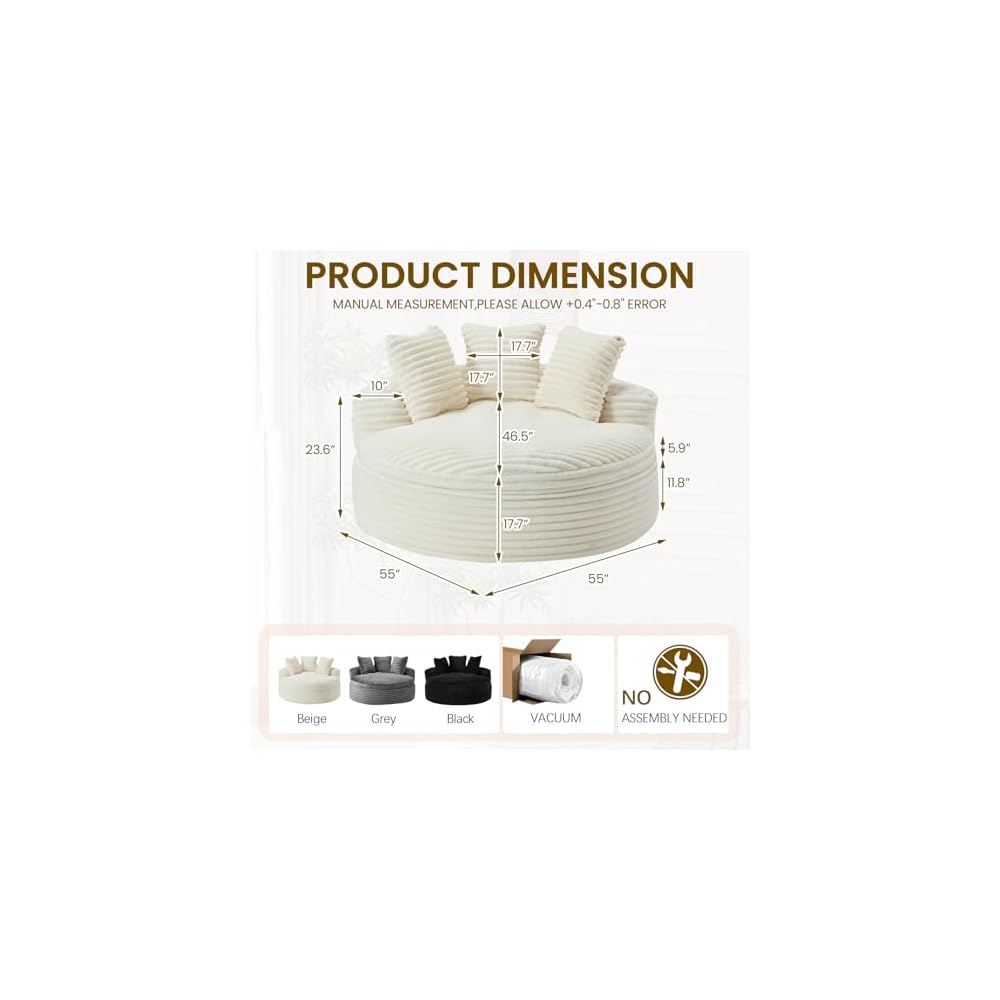 55'' Oversized Round Chair Lounge Chaise Indoor, Upholstered Corduroy Deep Seat Boneless Single Cloud Large Circle Sofa Chair, Fluffy Modern Sleeper Sofa Bed for Reading, Living Room, Bedroom, Beige