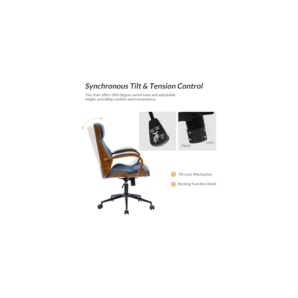 Office Chair with Swivel Base,Ergonomic Desk Chair with Padded Wood Armrests, Executive Task Chair with Padded Headrest,Adjustable Height，Rocking Function，Navy