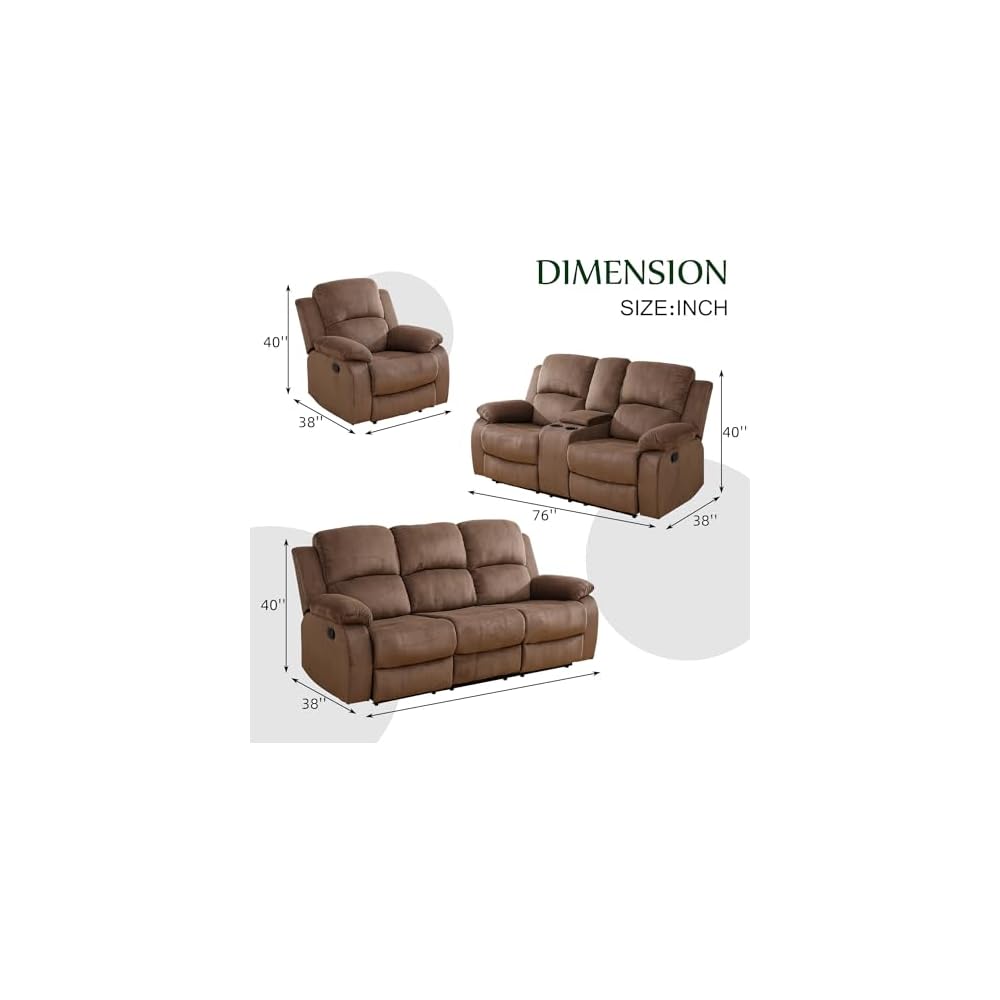 Fabric Recliner Sofa Set，Reclining Sofa Couch with Double Recliners,Brown Recliner Couch Set with Cup Holders and Drop-Down Table for Living Room/Office/Home Theater(3 Pieces Set)