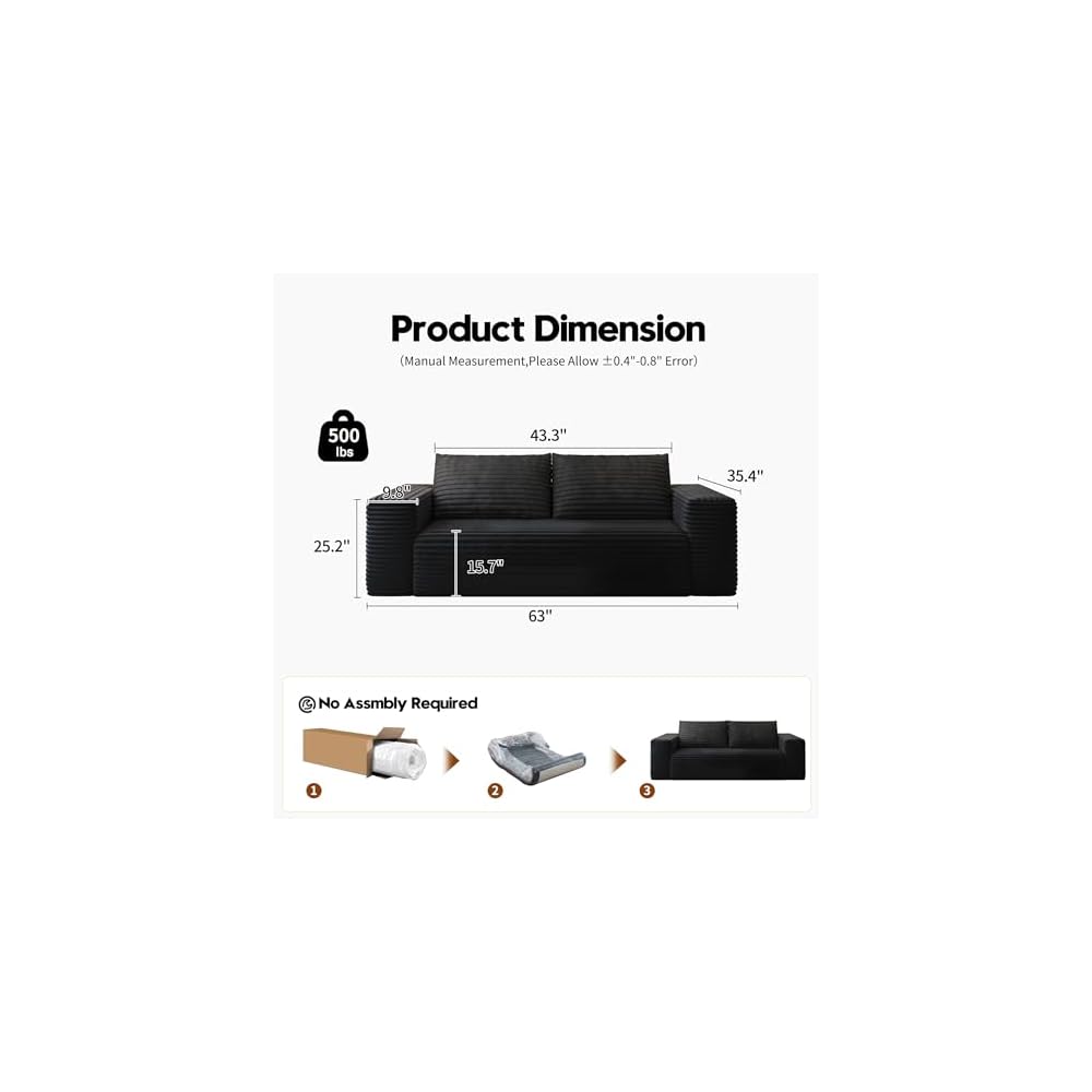 63" Loveseat Sofa,Modular Couch with Deep Seat Memory Foam,Comfy Small Cloud Couch for Small Spaces,No Assembly Required Sofa for Living Room Bedroom,Apartment,Black