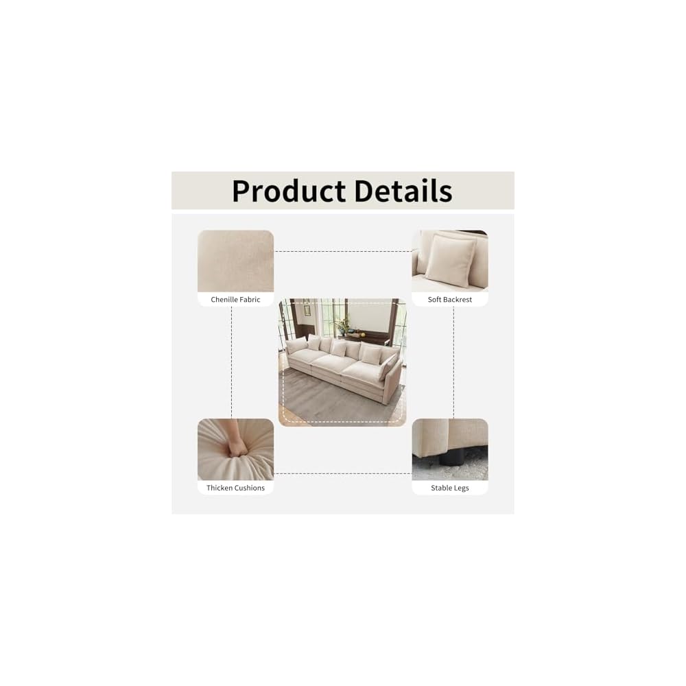111.5" Khaki Chenille 3 Seater Sofa, Modern Deep Seat Cloud Couch