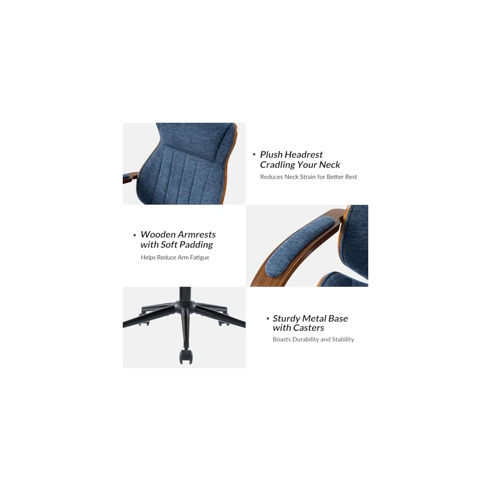 Office Chair with Swivel Base,Ergonomic Desk Chair with Padded Wood Armrests, Executive Task Chair with Padded Headrest,Adjustable Height，Rocking Function，Navy