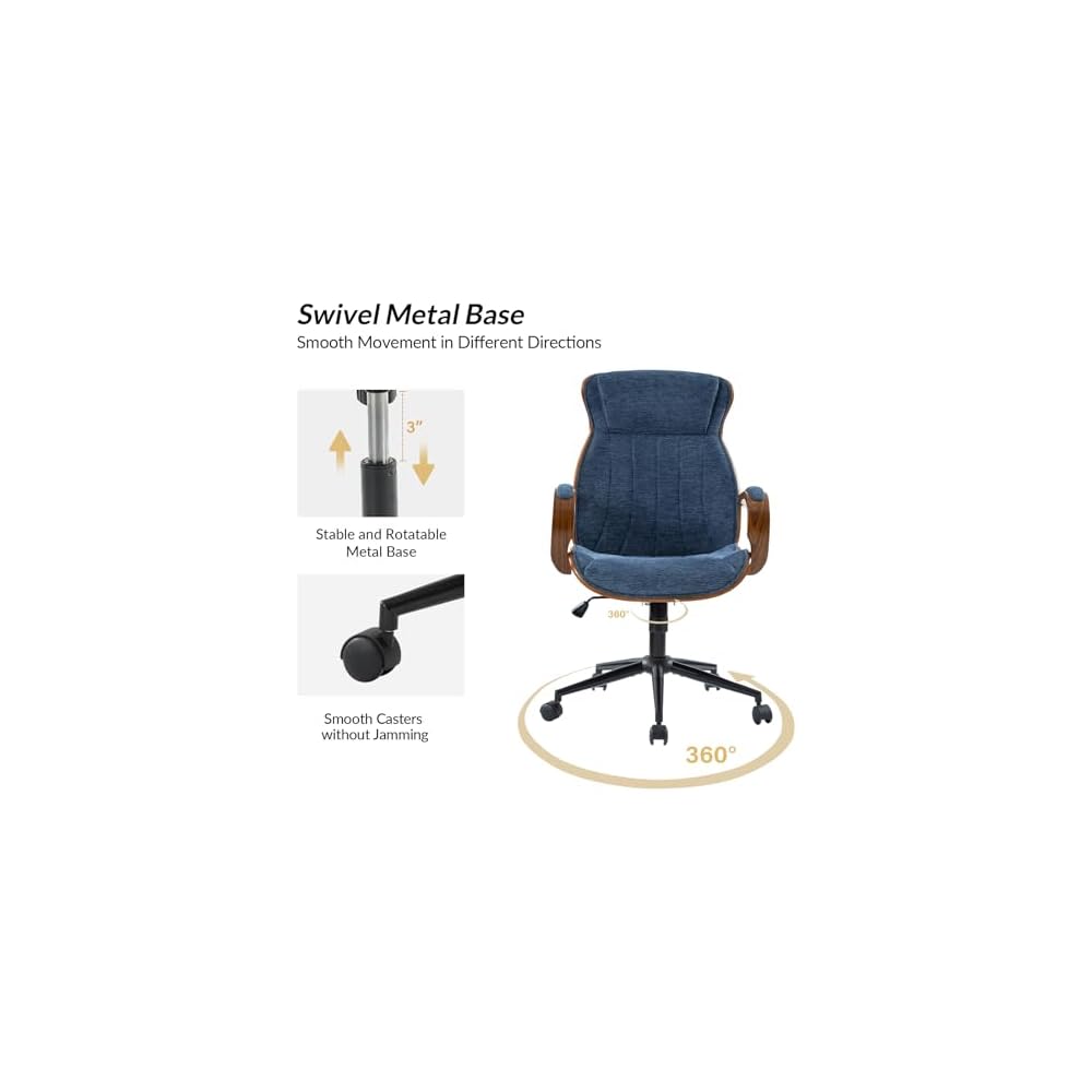 Office Chair with Swivel Base,Ergonomic Desk Chair with Padded Wood Armrests, Executive Task Chair with Padded Headrest,Adjustable Height，Rocking Function，Navy