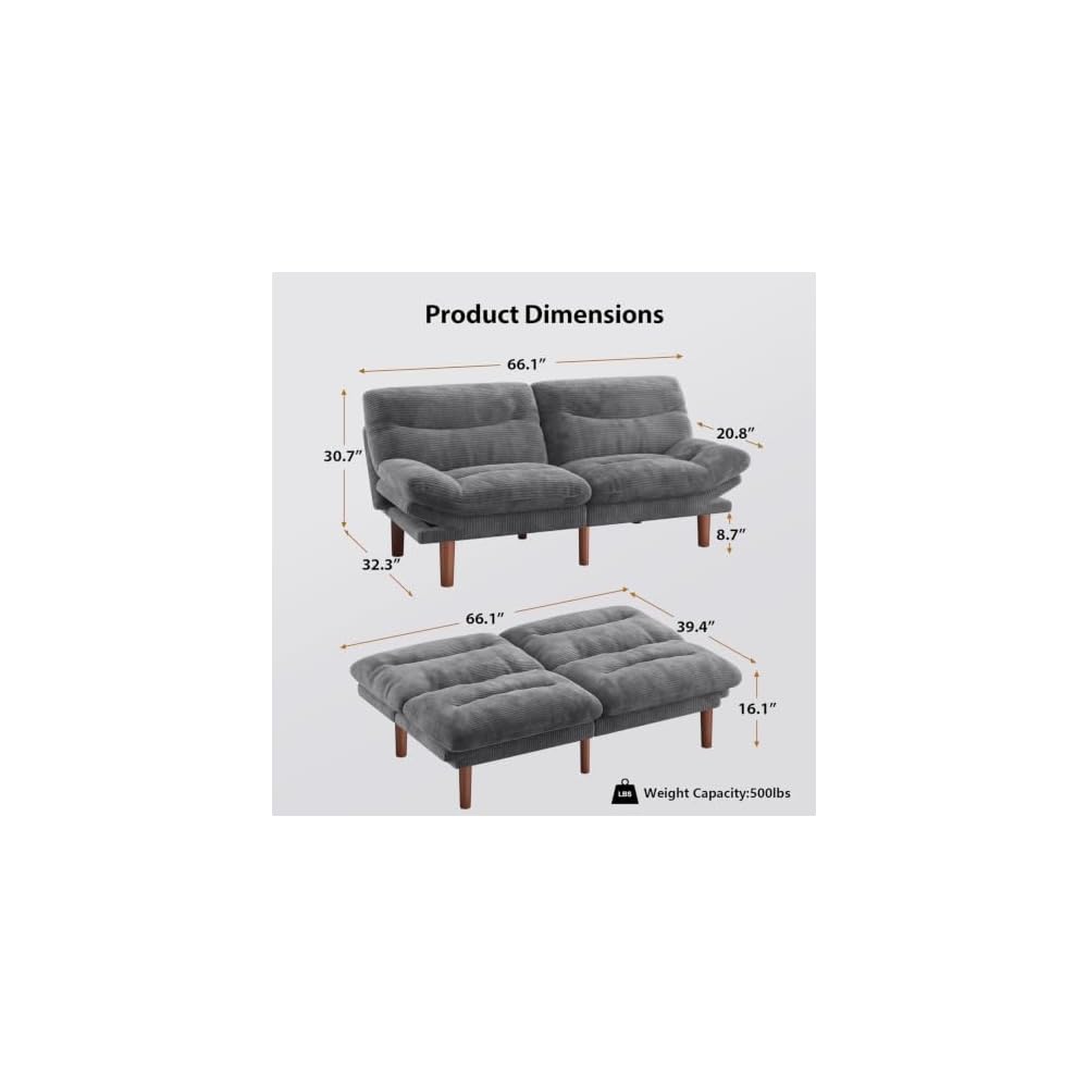 Pipishell 66 inch Convertible Futon Sofa Bed, Corduroy, Grey
