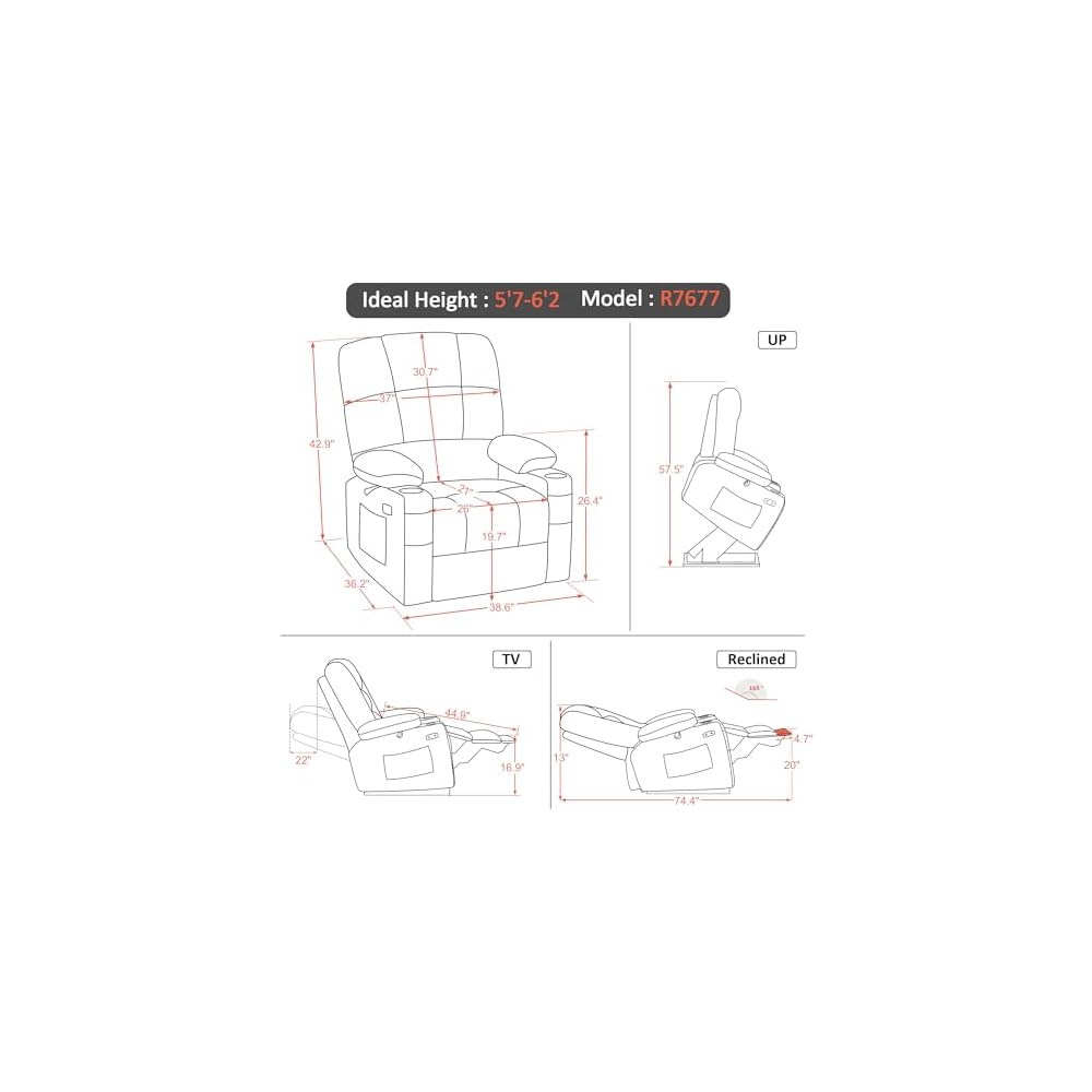 MCombo Dual Motor Power Lift Recliner, Heat and Massage, R7677, Medium-Wide