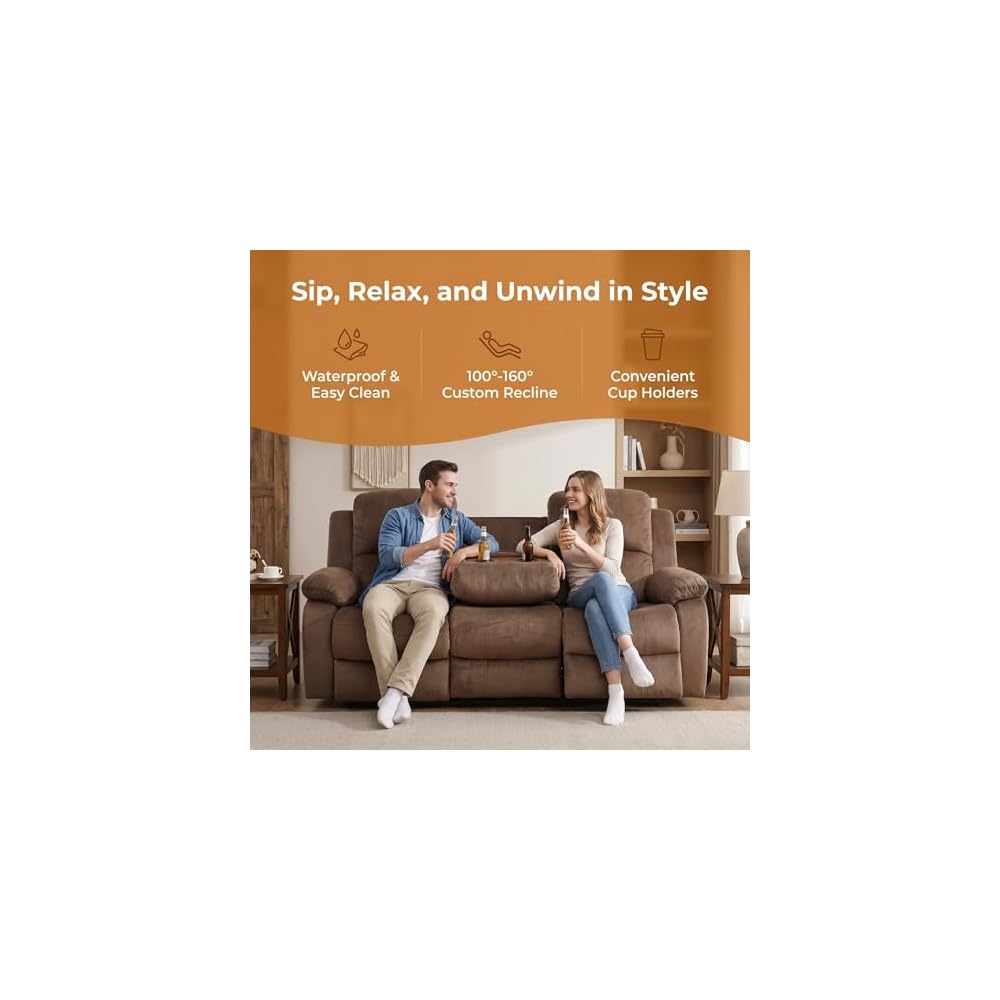 Fabric Recliner Sofa Set，Reclining Sofa Couch with Double Recliners,Brown Recliner Couch Set with Cup Holders and Drop-Down Table for Living Room/Office/Home Theater(3 Pieces Set)