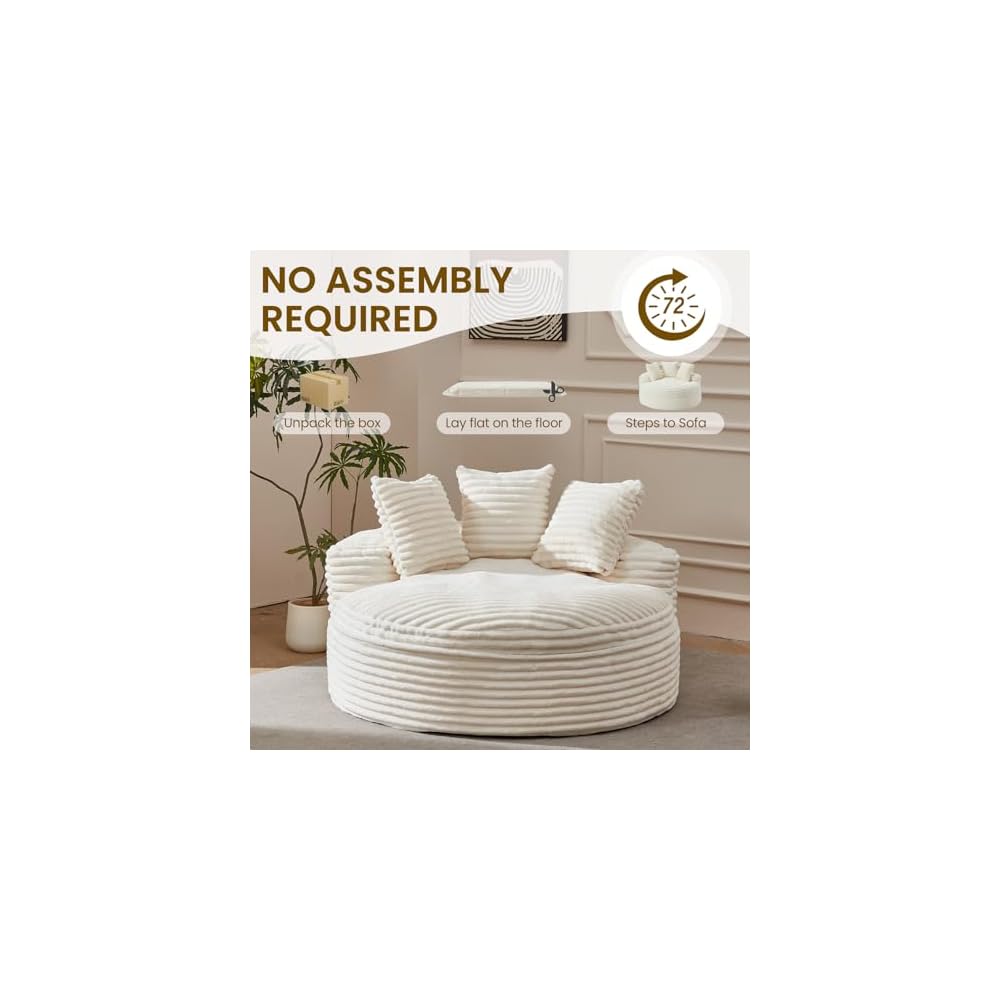 55'' Oversized Round Chair Lounge Chaise Indoor, Upholstered Corduroy Deep Seat Boneless Single Cloud Large Circle Sofa Chair, Fluffy Modern Sleeper Sofa Bed for Reading, Living Room, Bedroom, Beige