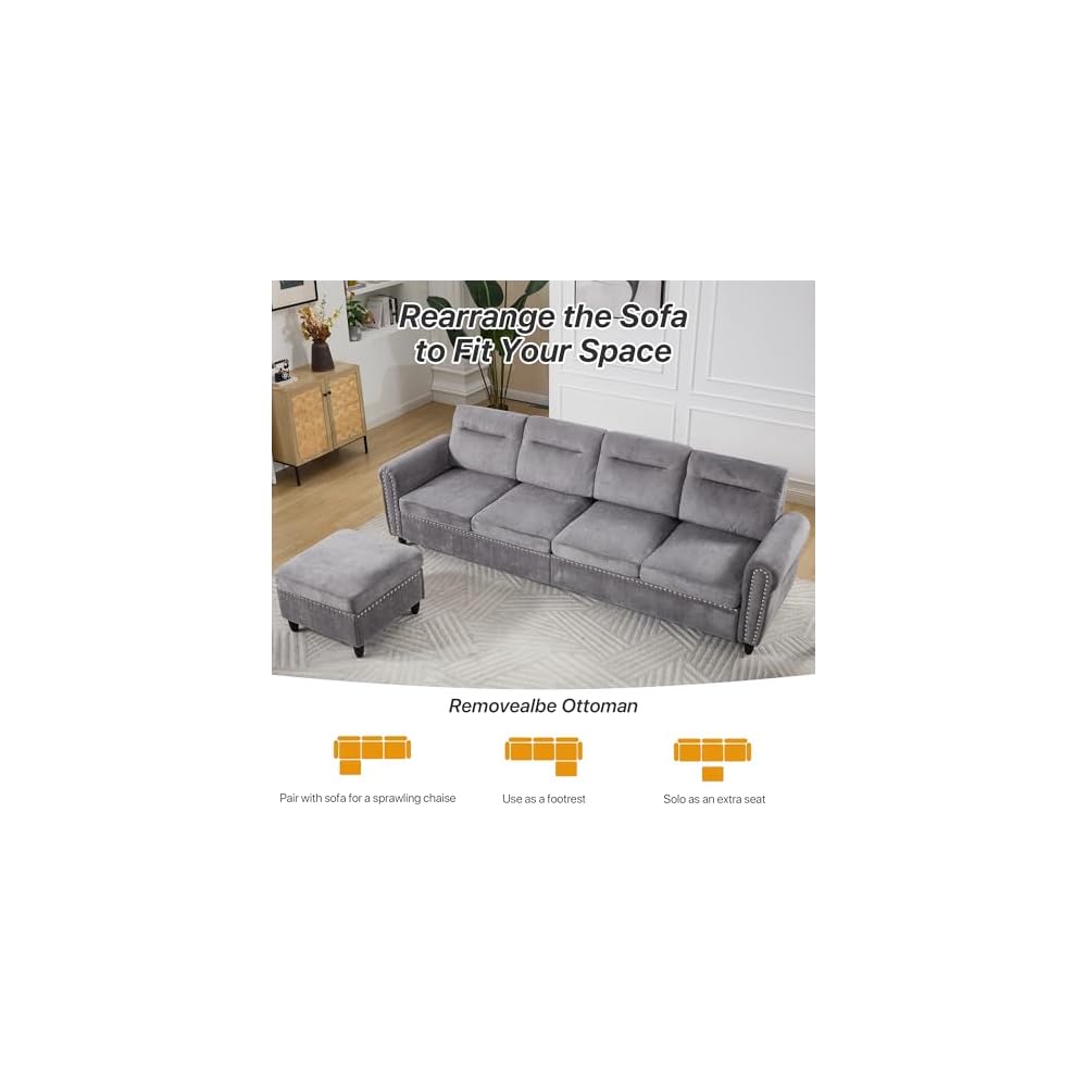106" L-Shaped Modular Sectional Sofa, 4-Seater, Movable Ottoman, Gray