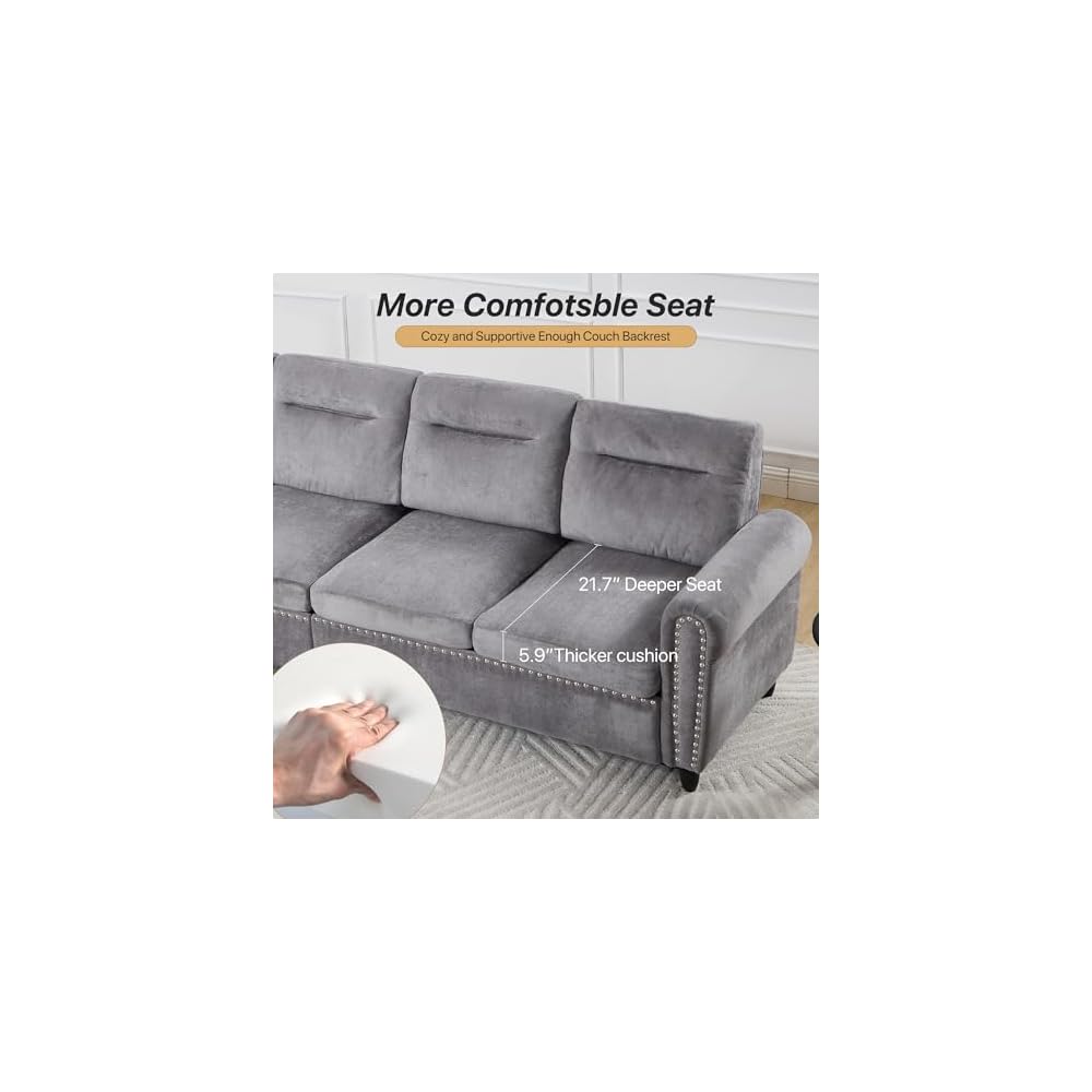 106" L-Shaped Modular Sectional Sofa, 4-Seater, Movable Ottoman, Gray
