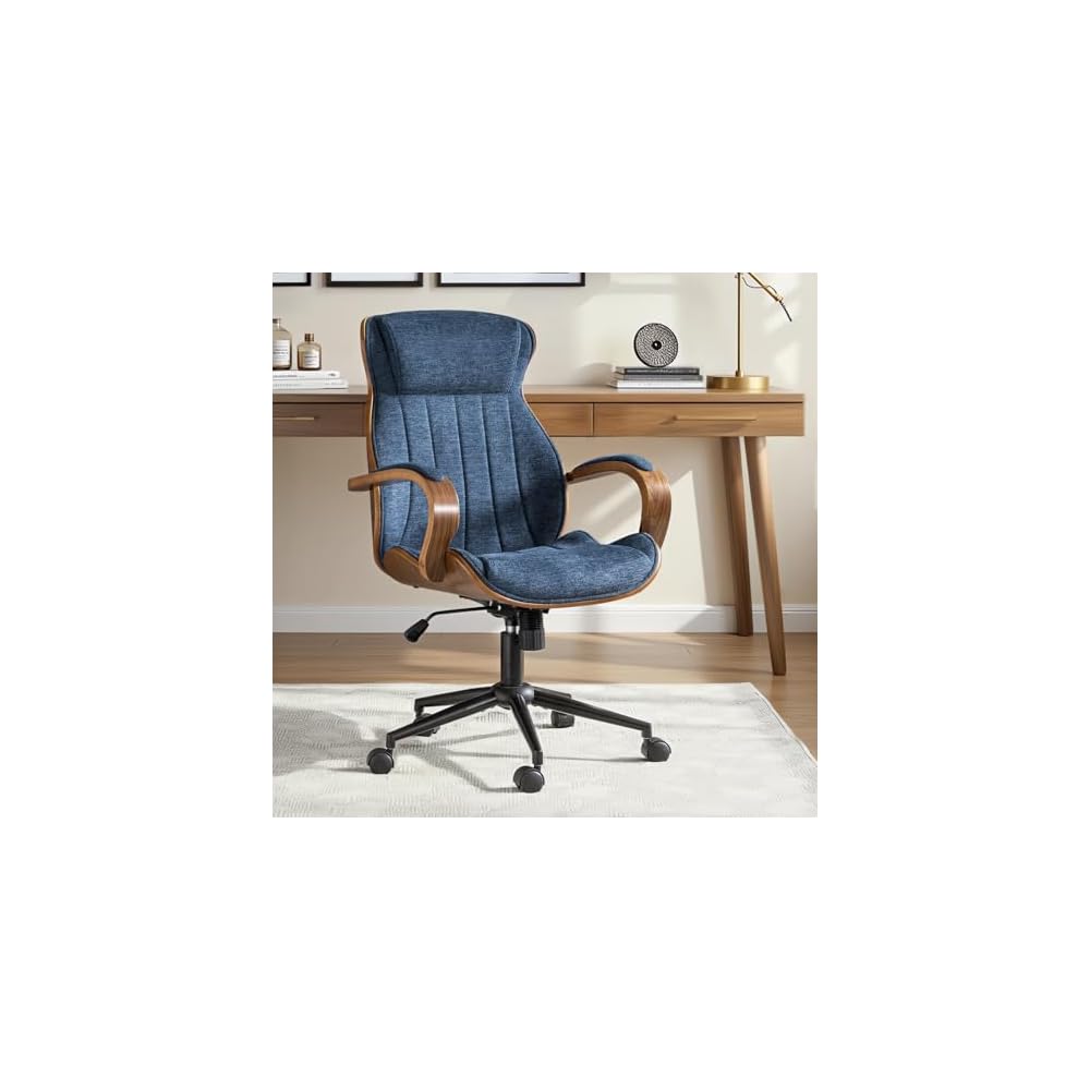Office Chair with Swivel Base,Ergonomic Desk Chair with Padded Wood Armrests, Executive Task Chair with Padded Headrest,Adjustable Height，Rocking Function，Navy
