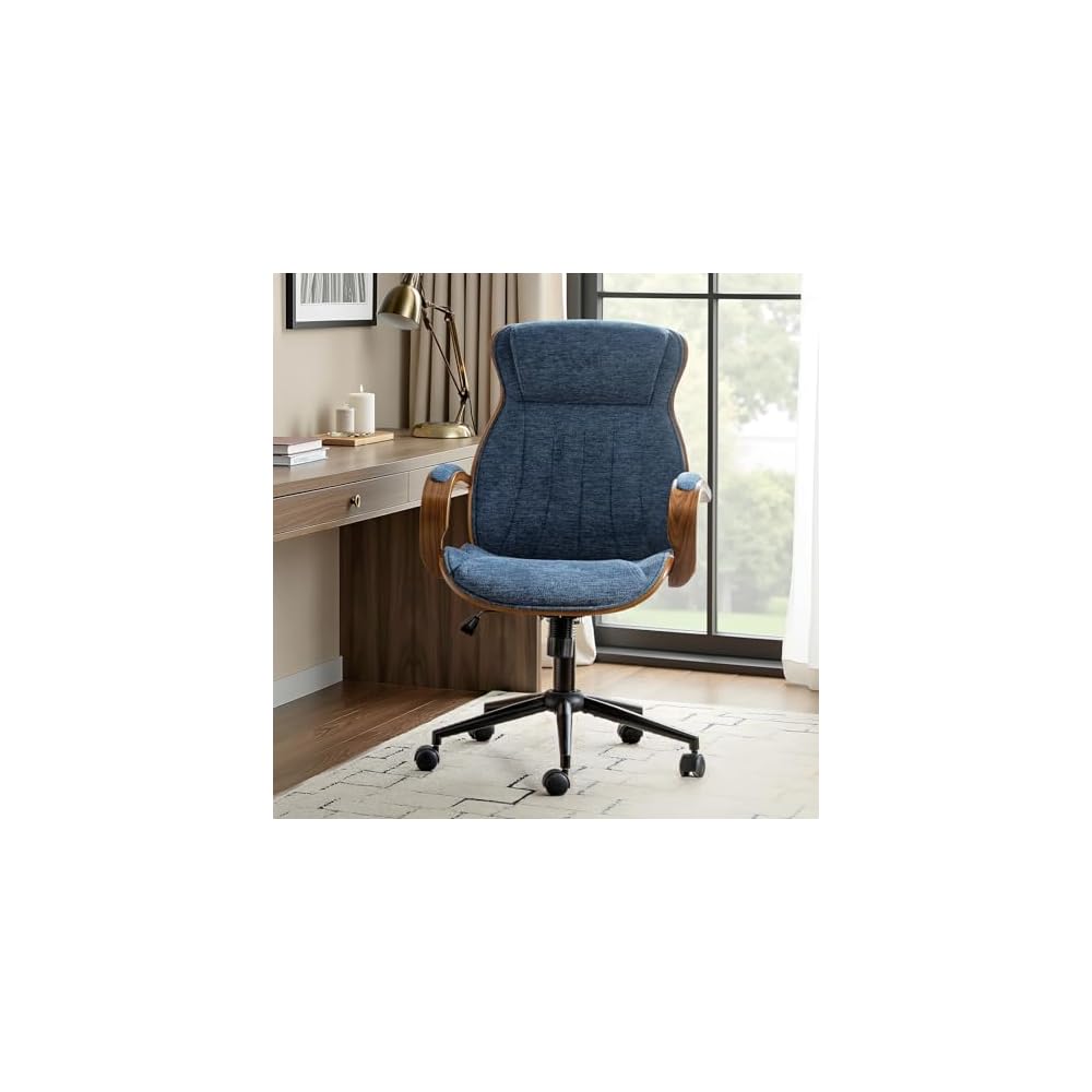 Office Chair with Swivel Base,Ergonomic Desk Chair with Padded Wood Armrests, Executive Task Chair with Padded Headrest,Adjustable Height，Rocking Function，Navy