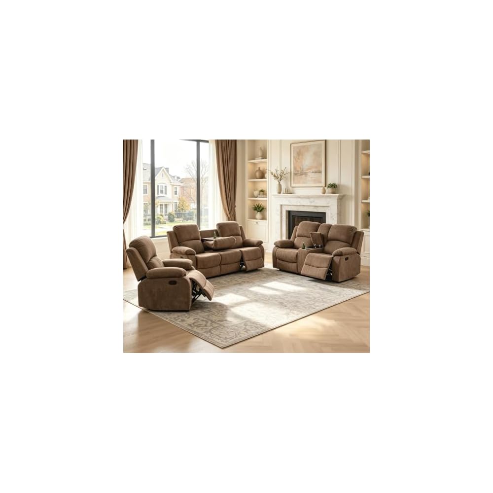 Fabric Recliner Sofa Set，Reclining Sofa Couch with Double Recliners,Brown Recliner Couch Set with Cup Holders and Drop-Down Table for Living Room/Office/Home Theater(3 Pieces Set)
