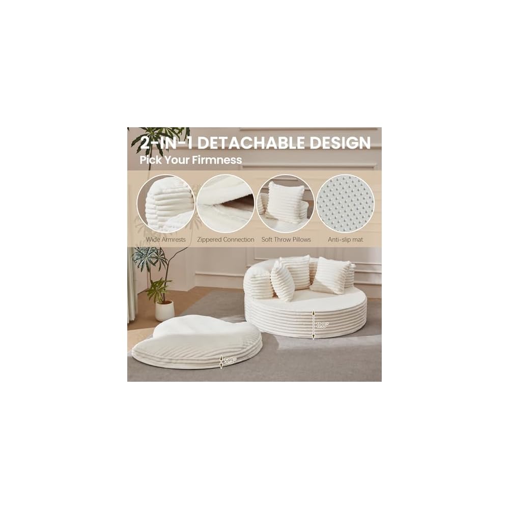 55'' Oversized Round Chair Lounge Chaise Indoor, Upholstered Corduroy Deep Seat Boneless Single Cloud Large Circle Sofa Chair, Fluffy Modern Sleeper Sofa Bed for Reading, Living Room, Bedroom, Beige