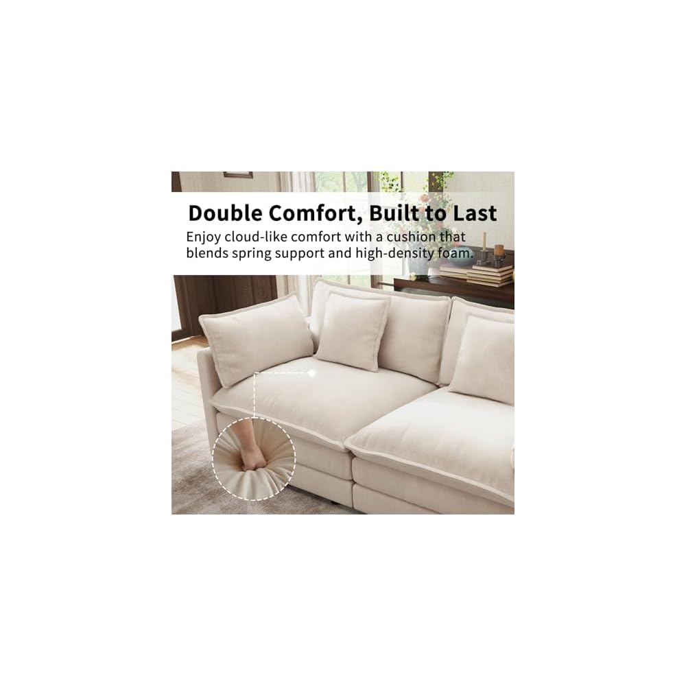 111.5" Khaki Chenille 3 Seater Sofa, Modern Deep Seat Cloud Couch