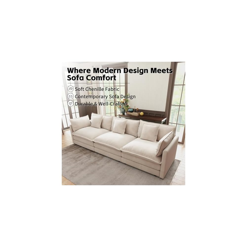 111.5" Khaki Chenille 3 Seater Sofa, Modern Deep Seat Cloud Couch