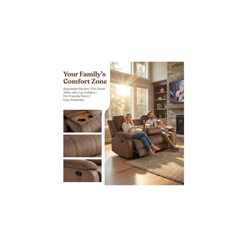 Fabric Recliner Sofa Set，Reclining Sofa Couch with Double Recliners,Brown Recliner Couch Set with Cup Holders and Drop-Down Table for Living Room/Office/Home Theater(3 Pieces Set)