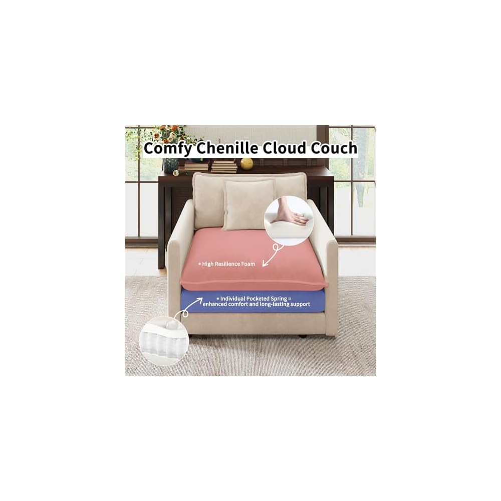 111.5" Khaki Chenille 3 Seater Sofa, Modern Deep Seat Cloud Couch