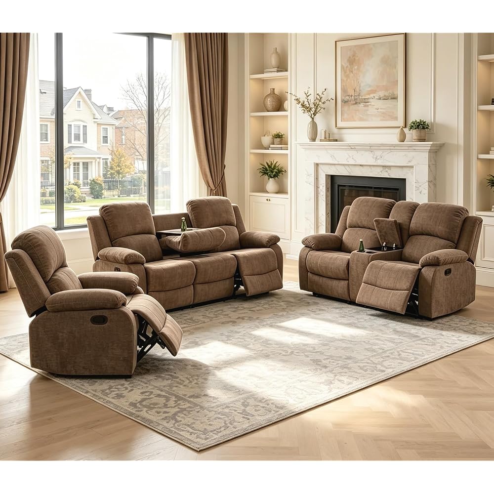 Fabric Recliner Sofa Set，Reclining Sofa Couch with Double Recliners,Brown Recliner Couch Set with Cup Holders and Drop-Down Table for Living Room/Office/Home Theater(3 Pieces Set)