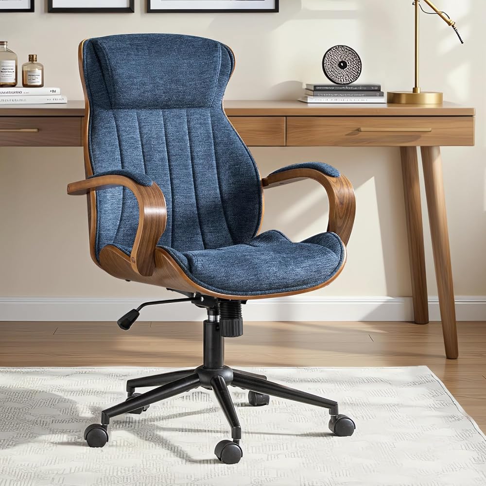 Office Chair with Swivel Base,Ergonomic Desk Chair with Padded Wood Armrests, Executive Task Chair with Padded Headrest,Adjustable Height，Rocking Function，Navy