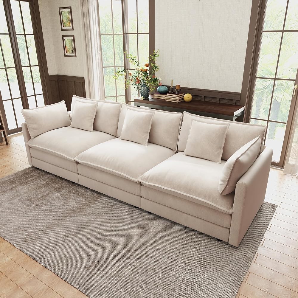 111.5" Khaki Chenille 3 Seater Sofa, Modern Deep Seat Cloud Couch