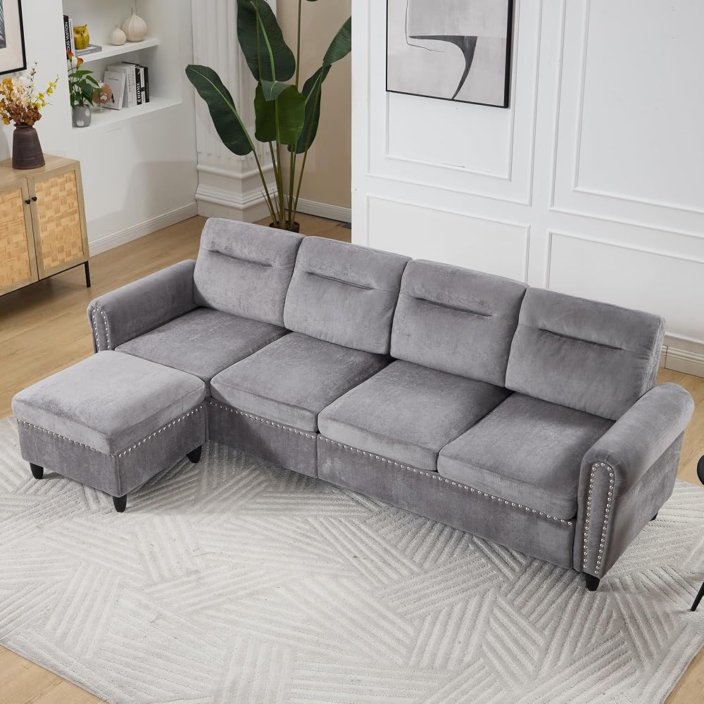 106" L-Shaped Modular Sectional Sofa, 4-Seater, Movable Ottoman, Gray
