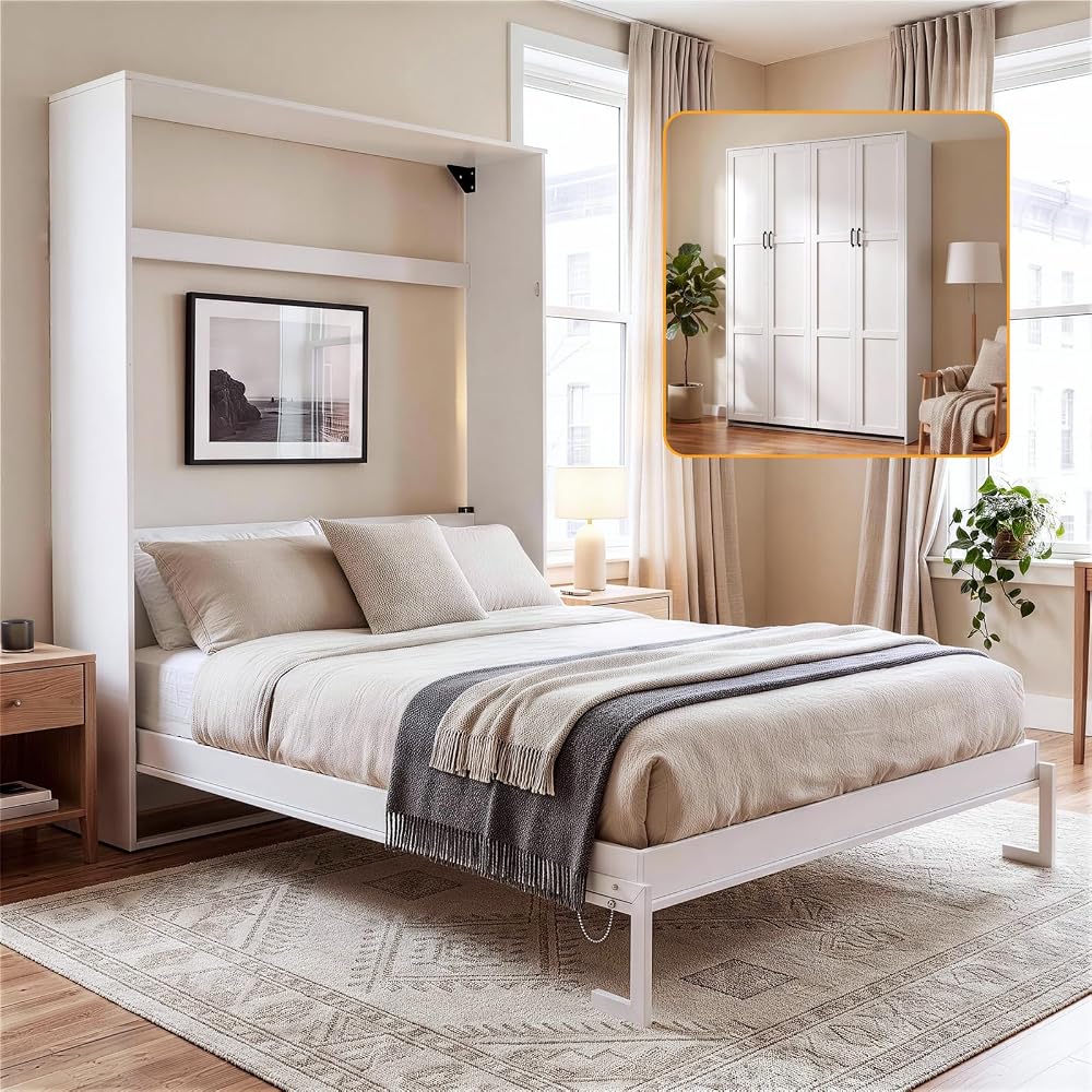 LIVAUVEAD Murphy Bed Full, Murphy Bed Cabinet with Headboard, White